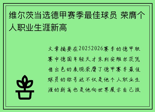 维尔茨当选德甲赛季最佳球员 荣膺个人职业生涯新高