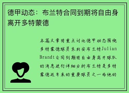 德甲动态：布兰特合同到期将自由身离开多特蒙德